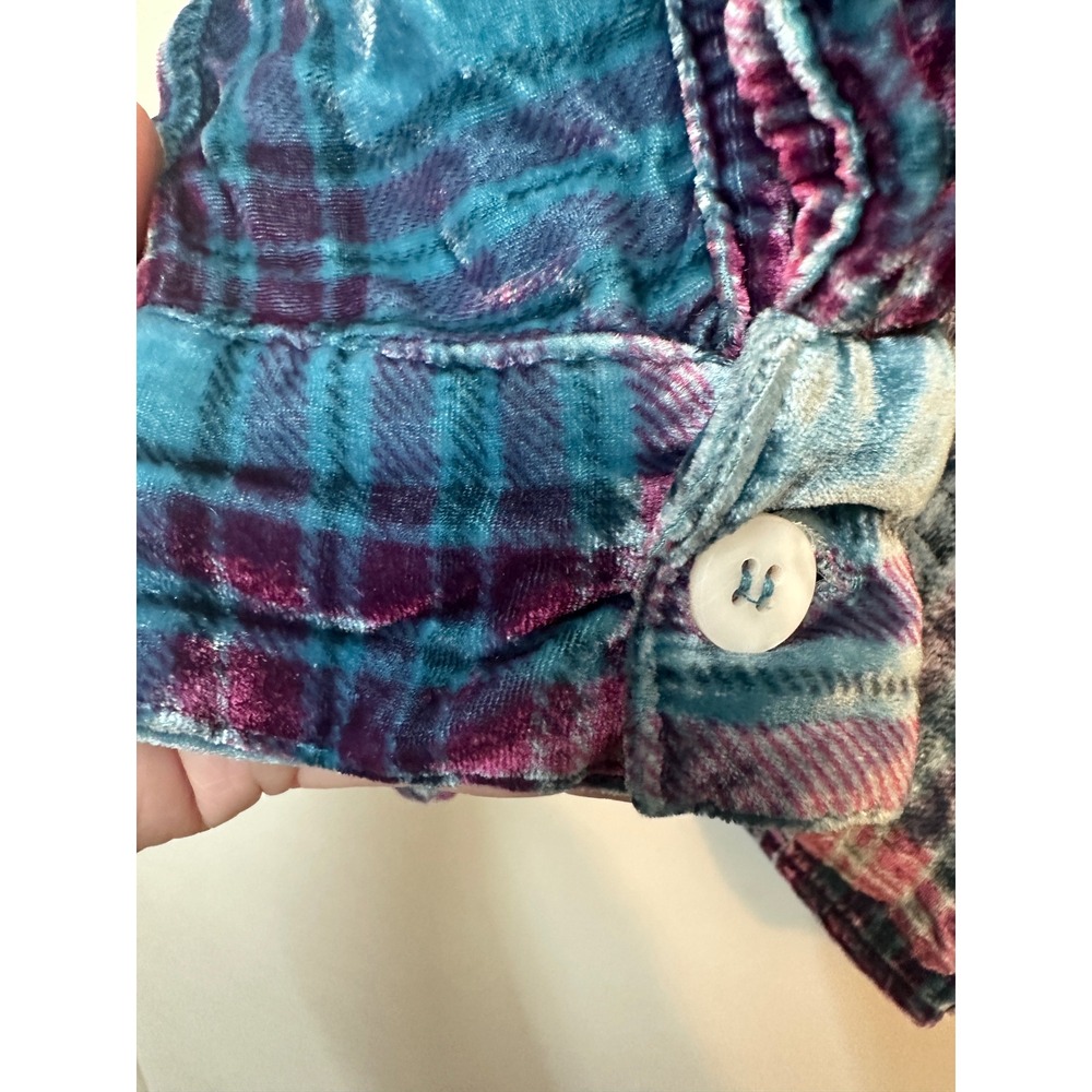Soft Surroundings Silk Blend Velvet Plaid Button Down Shirt Teal Purple PL 39454 - Picture 5 of 7
